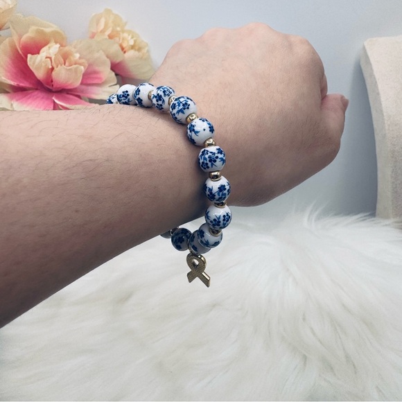 Chinese-Style Ceramic Floral Beaded Stretch Bracelet w/ Pink Breast Cancer Charm - Picture 3 of 5